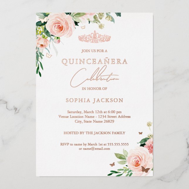 Elegant Floral Rose Gold Photo Quinceanera Foil Invitation (Front)