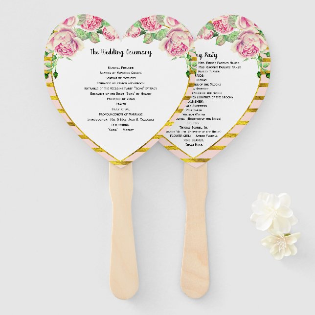 Elegant Floral Rose Gold Pink Heart Shape Hand Fan (Front and Back)