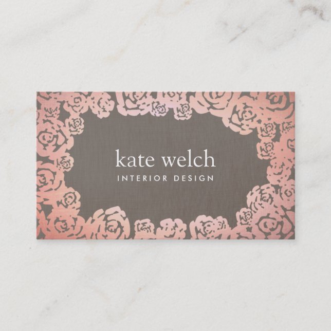 Elegant Floral Rose Gold Roses Interior Designer Business Card (Front)