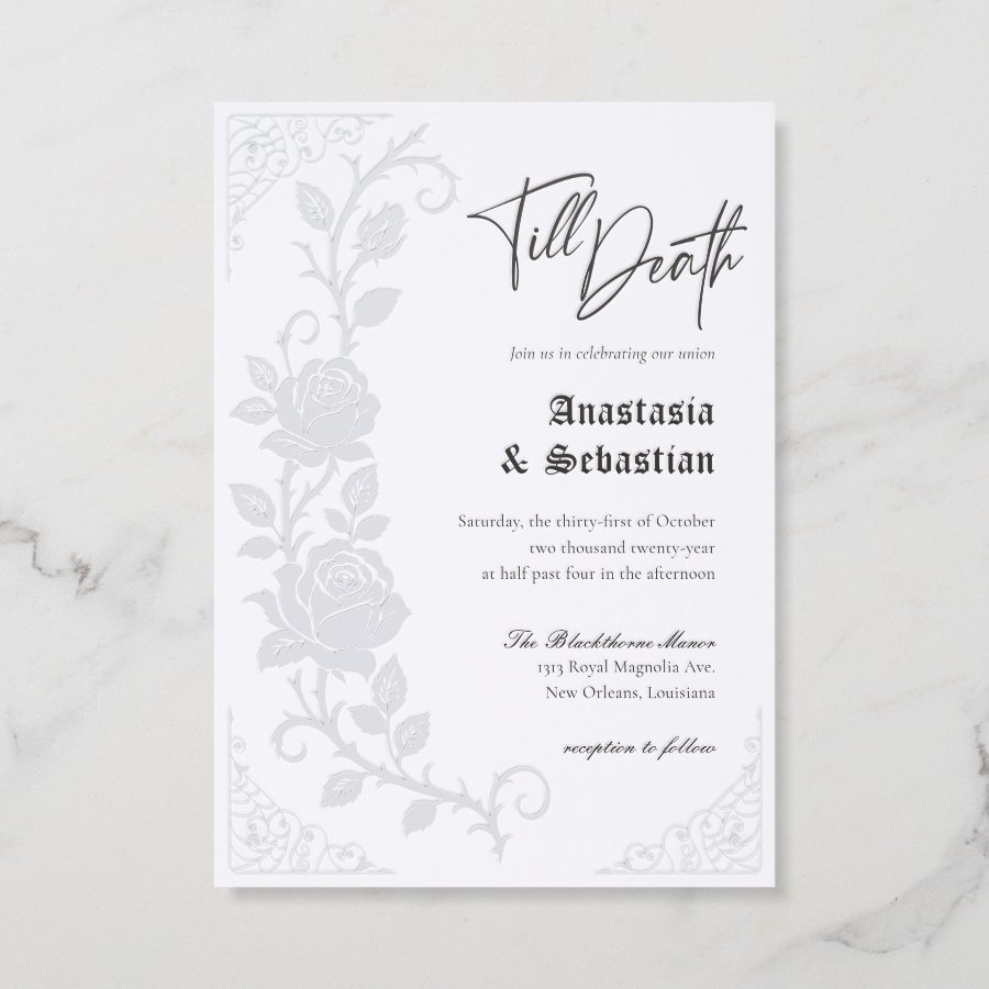 Elegant Floral Rose Gothic Till Death Wedding Letterpress Invitation