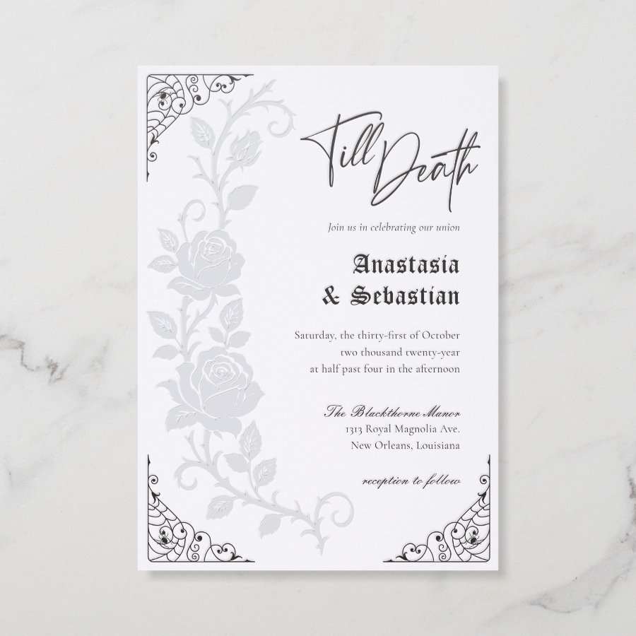 Elegant Floral Rose Gothic Till Death Wedding Letterpress Invitation