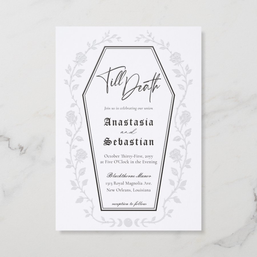  Elegant Floral Rose Gothic Till Death Wedding Letterpress Invitation