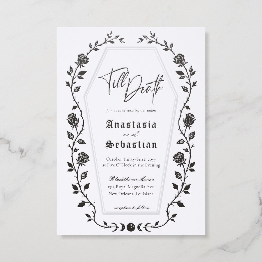 Elegant Floral Rose Gothic Till Death Wedding Letterpress Invitation
