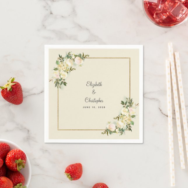 Elegant Floral Rose Metallic Gold Wedding Eggshell Napkins (Insitu)