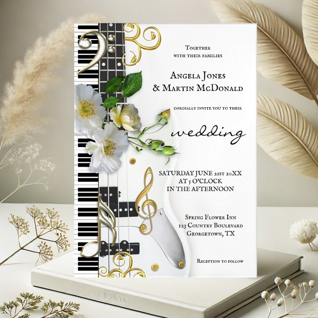 Elegant Floral Rose Music Themed Wedding Invitation (Wedding invitation showing a modern elegant design with a guitar and piano keys with notes and roses)