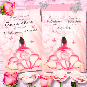 Elegant Floral Rose Petals Pink Dress Quinceañera Invitation