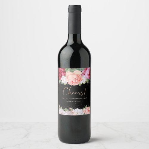 Elegant Floral Rose Pink Black Wedding Thank You Wine Label