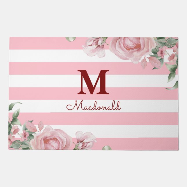 Elegant Floral Rose Striped Monogram Doormat (Front)