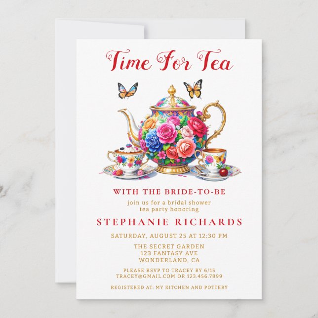 Elegant Floral Rose Teapot Tea Party Bridal Shower Invitation (Front)
