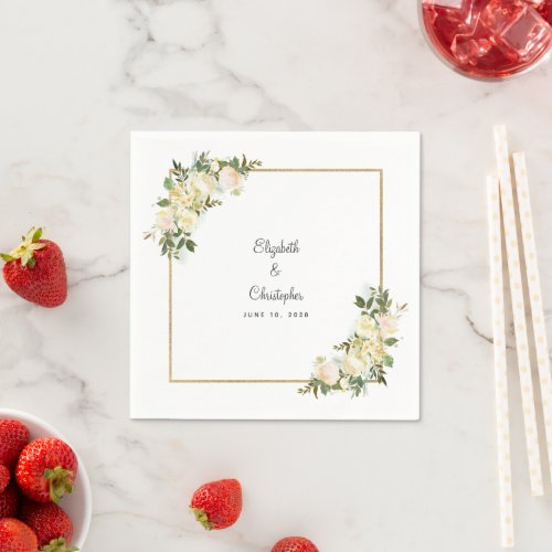 Elegant Floral Rose Watercolor Gold Wedding White Napkins