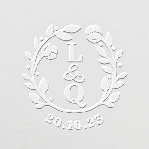 Elegant Floral Rose Wreath Couples Monogram & Date Embosser