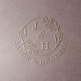 Elegant Floral Rose Wreath Couples Monogram & Name Embosser
