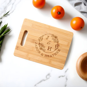 Elegant Floral Rose Wreath Couples Monogram & Name Engraved Cutting Board