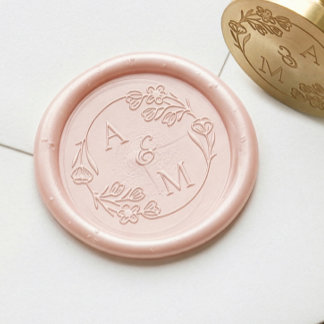Elegant Floral Rose Wreath Wedding Couple Monogram Wax Seal Stamp