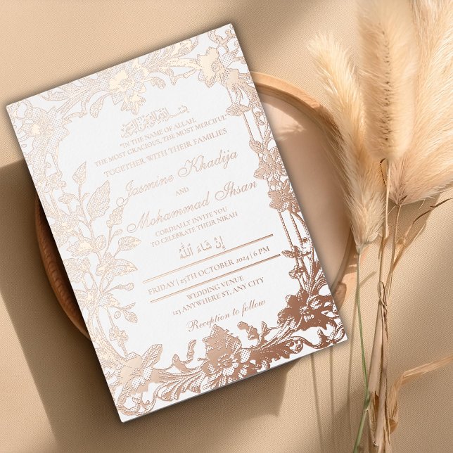 Elegant Floral RoseGold Frame Muslim Wedding Nikah Foil Invitation (Creator Uploaded)