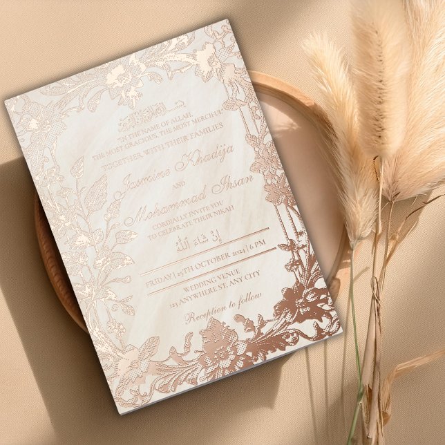 Elegant Floral RoseGold Frame Muslim Wedding Nikah Foil Invitation (Creator Uploaded)