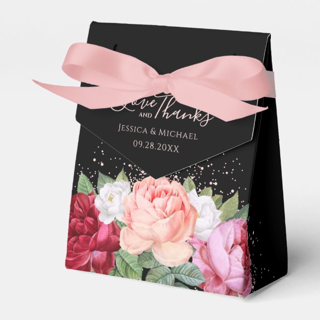 Elegant Floral Roses Black Calligraphy Wedding Favor Boxes (Front Side)