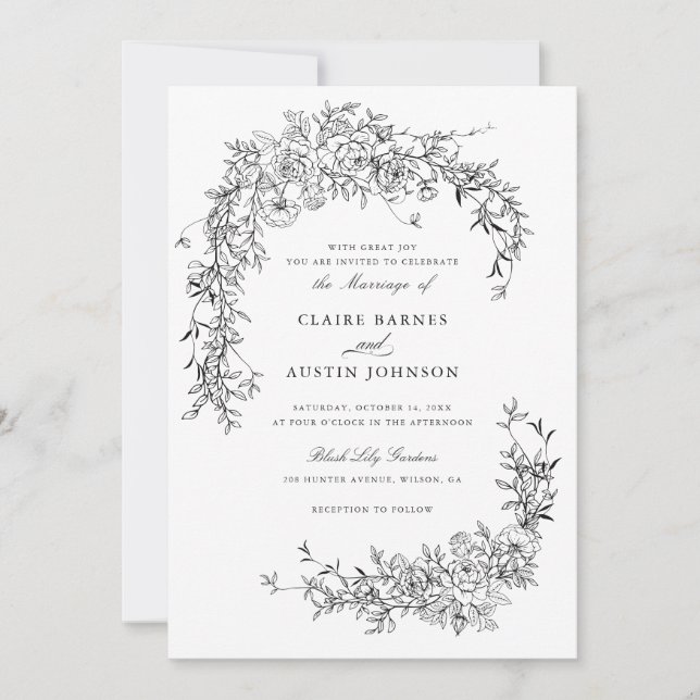 Elegant Floral Roses Black White Wedding Monogram  Invitation (Front)