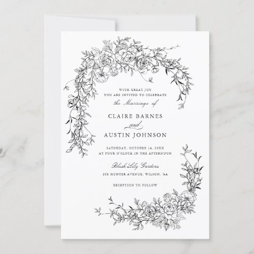 Elegant Floral Roses Black White Wedding Monogram  Invitation