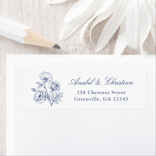 Elegant Floral Roses Blue Wedding Return Address Label