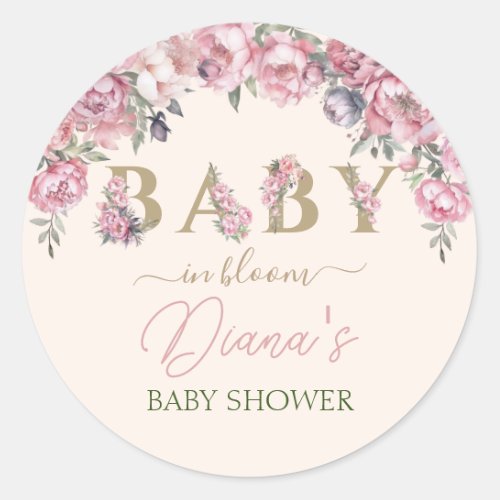 Elegant Floral Roses Blush Pink Gold Baby Shower Classic Round Sticker