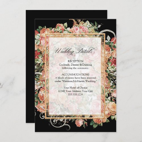 Elegant Floral Roses Bouquet Gold Wedding Details Invitation