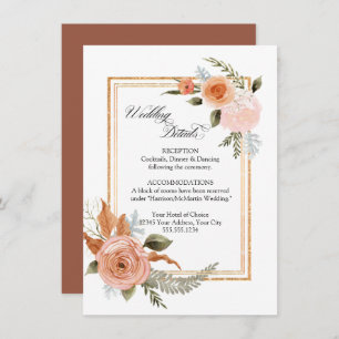 Elegant Floral Roses Bouquet Gold Wedding Details Invitation