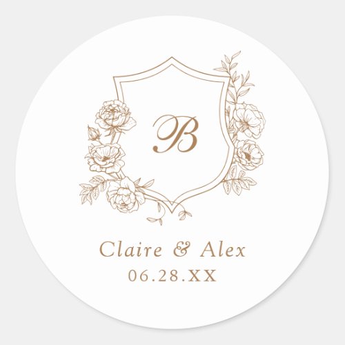 Elegant Floral Roses Crest Gold Wedding Monogram Classic Round Sticker