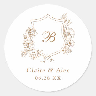 Elegant Floral Roses Crest Gold Wedding Monogram Classic Round Sticker
