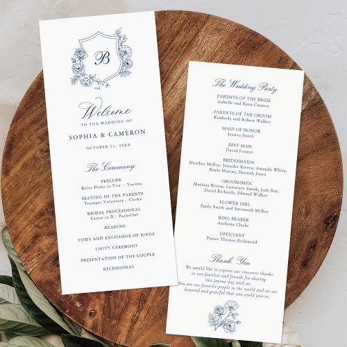 Elegant Floral Roses Crest Monogram Blue Wedding Program