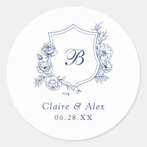 Elegant Floral Roses Crest Wedding Monogram Classic Round Sticker