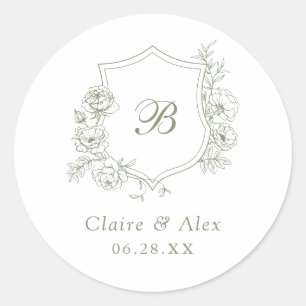 Elegant Floral Roses Crest Wedding Monogram Classic Round Sticker