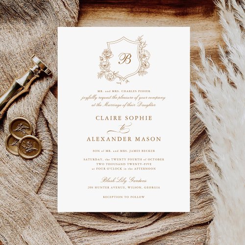 Elegant Floral Roses Crest Wedding Monogram Gold Invitation