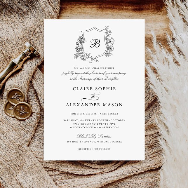 Elegant Floral Roses Crest Wedding Monogram  Invitation (Creator Uploaded)