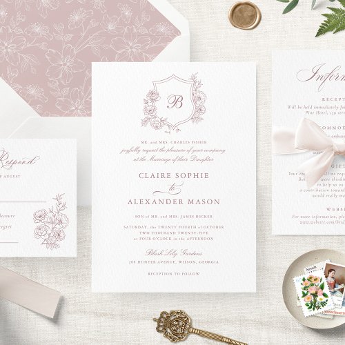 Elegant Floral Roses Crest Wedding Monogram  Invitation