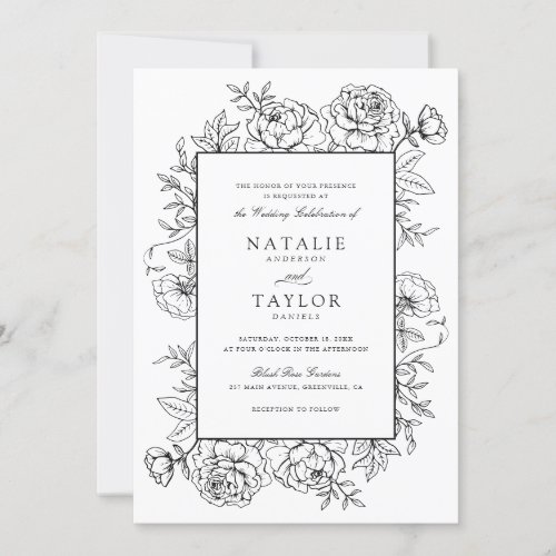 Elegant Floral Roses Frame Black White Wedding Invitation