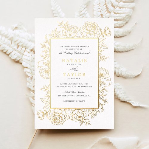 Elegant Floral Roses Frame Gold Foil Wedding Foil Invitation