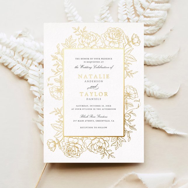 Elegant Floral Roses Frame Gold Foil Wedding Invitation (Creator Uploaded)