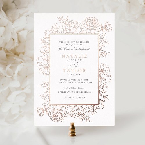 Elegant Floral Roses Frame Rose Gold Foil Wedding Foil Invitation