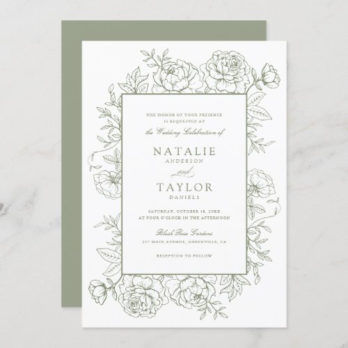 Elegant Floral Roses Frame Sage Green Wedding Invitation