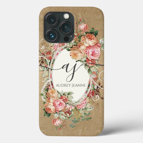 Elegant Floral Roses Gold Damask Monogram Script iPhone 13 Pro Case
