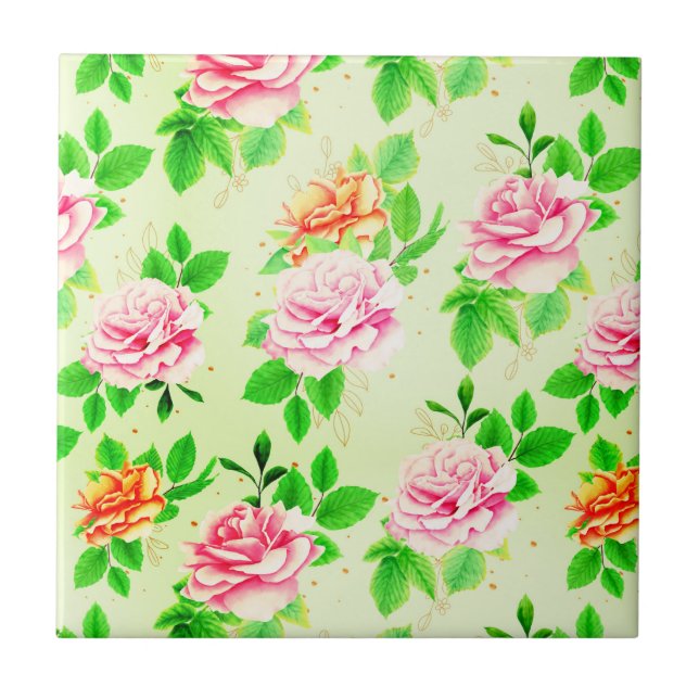 Elegant Floral Roses Green Leaves Pattern-23675 Ceramic Tile (Front)