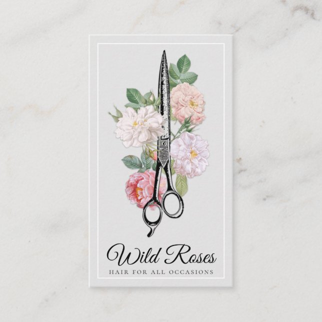 Elegant Floral Roses Hairstylist Light Gray Business Card (Front)
