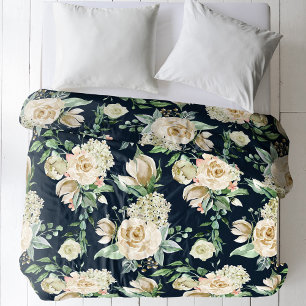 Elegant Floral Roses / Hydrangeas Navy Duvet Cover