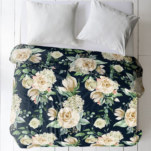 Elegant Floral Roses  Hydrangeas Navy  Duvet Cover