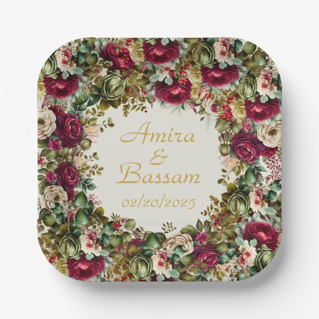 Elegant Floral Roses Islamic Wedding  Paper Plates (Front)