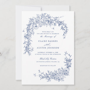 Elegant Floral Roses Navy Blue Wedding Monogram Invitation
