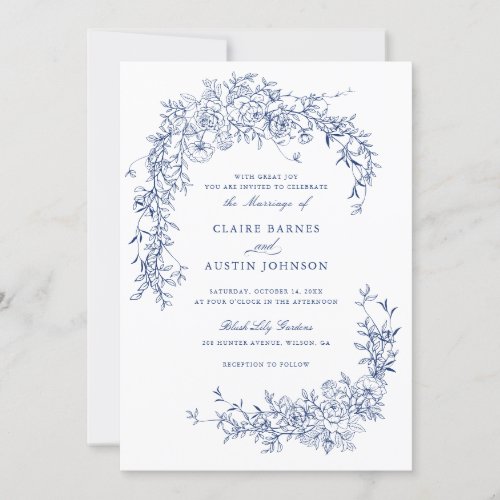 Elegant Floral Roses Navy Blue Wedding Monogram  Invitation
