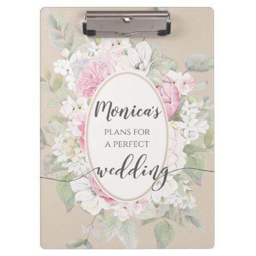 Elegant Floral Roses  Peonies Wedding Planner Clipboard
