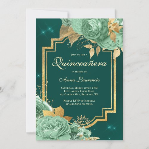 Elegant Floral Roses Sage Green Gold Quinceanera Invitation